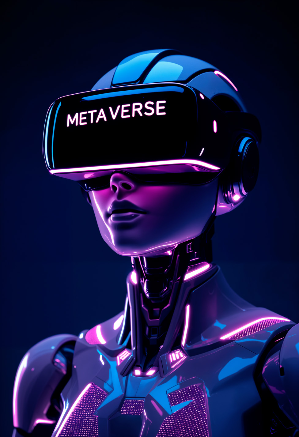 Ilustración del personaje futurista de SHAPE con casco y luces neón